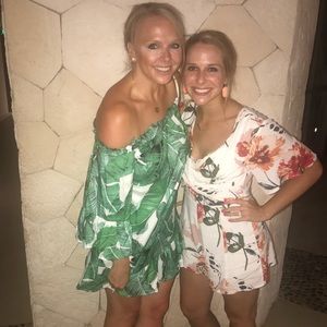 Palm print off the shoulder dress